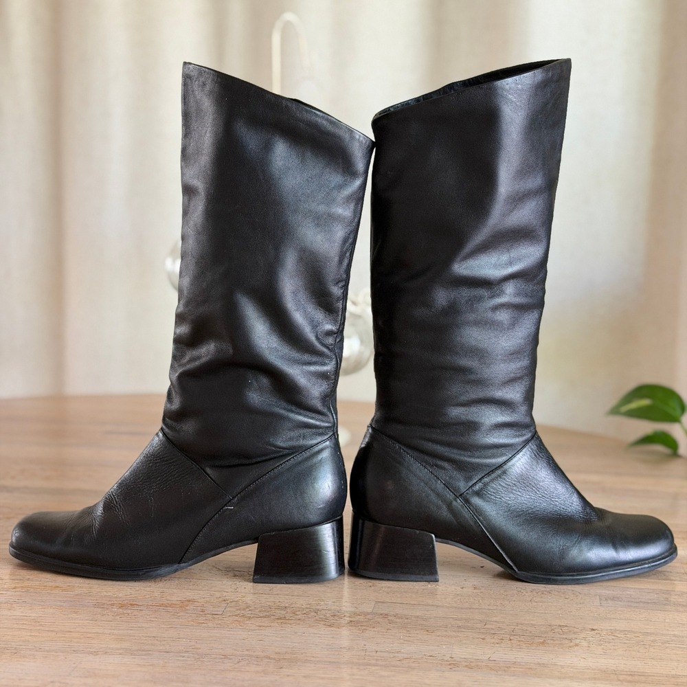 Vtg 90s Tuscan Black Leather Square Toe Low Block Heel Slouch Boots Women 7.5M - Picture 4 of 7